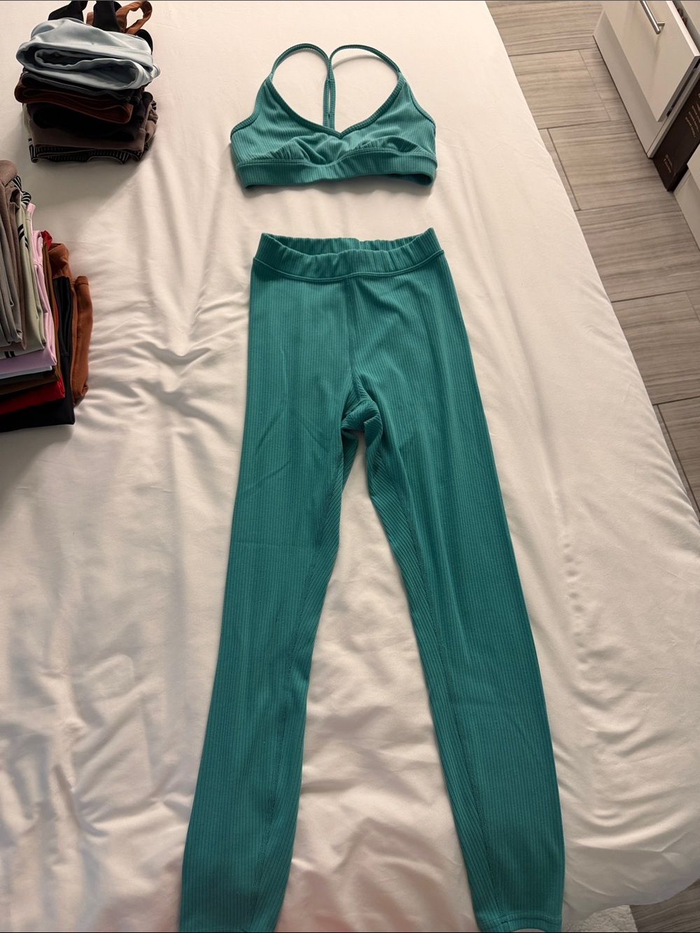ALO Yoga Teal Ribbed High-Waist Leggings & Strappy Bralette